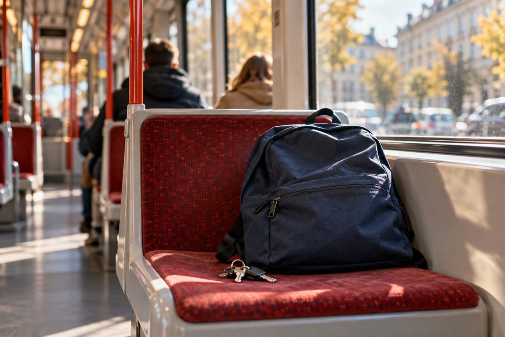 Zurückgelassener Rucksack und Schlüsselbund auf einem Sitz in einem öffentlichen Verkehrsmittel, Symbolbild für verlorene Gegenstände in Wien.